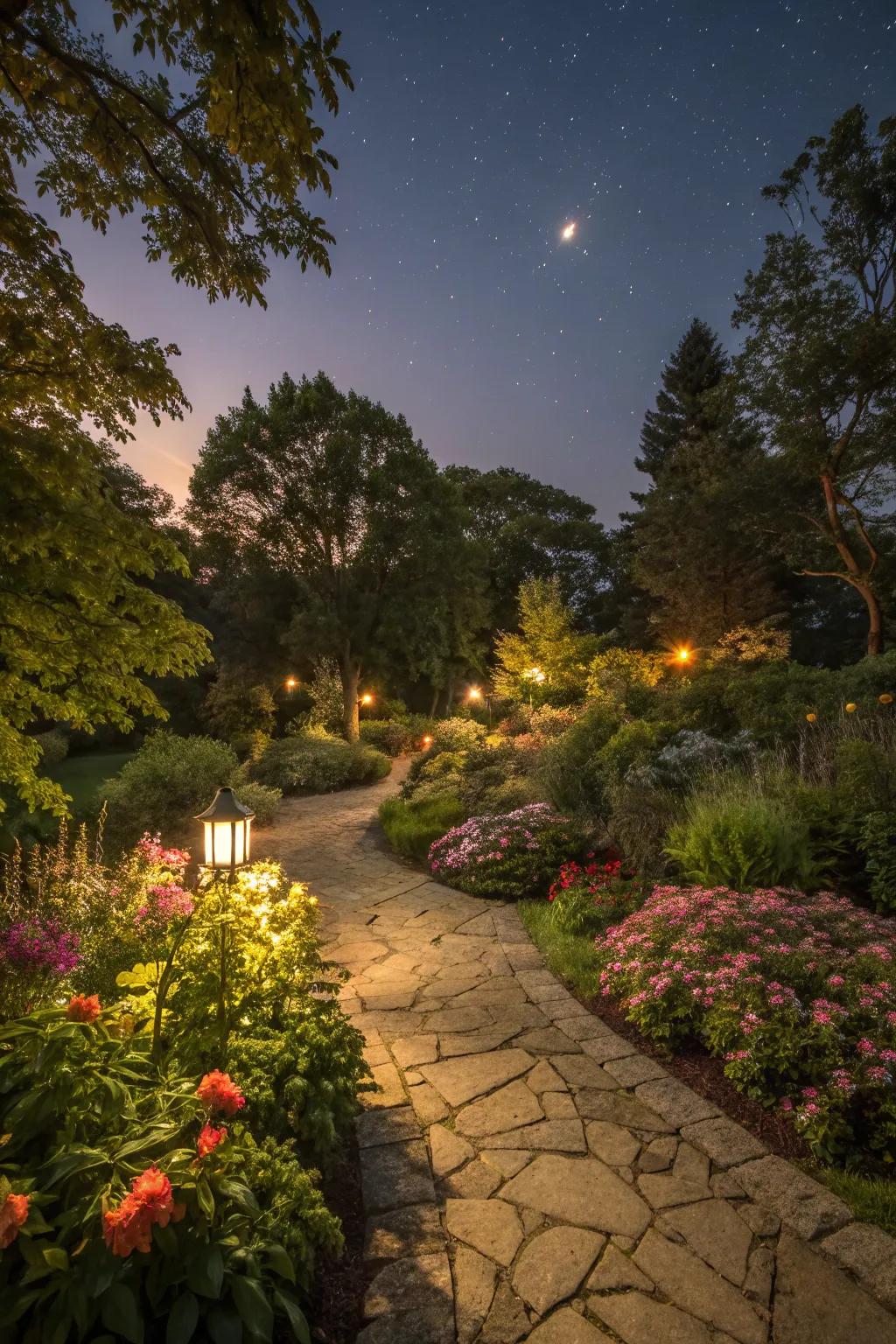 A Milwaukee garden beautifully illuminated by soft garden lighting at night.