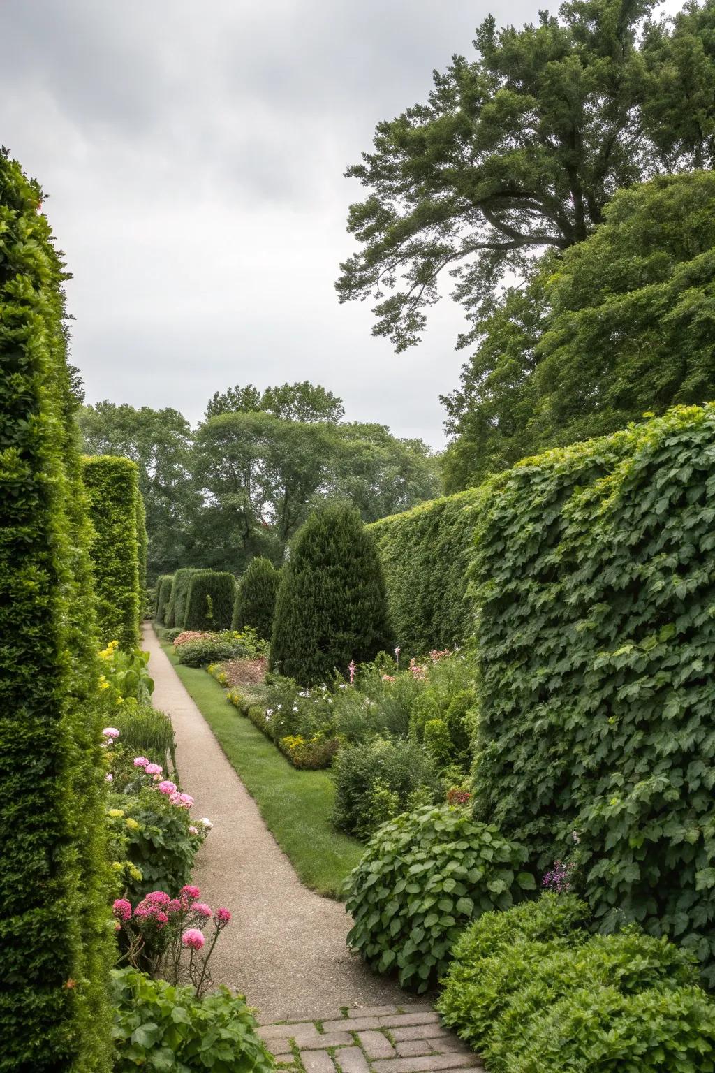 Dense hedges providing privacy in a Milwaukee garden.