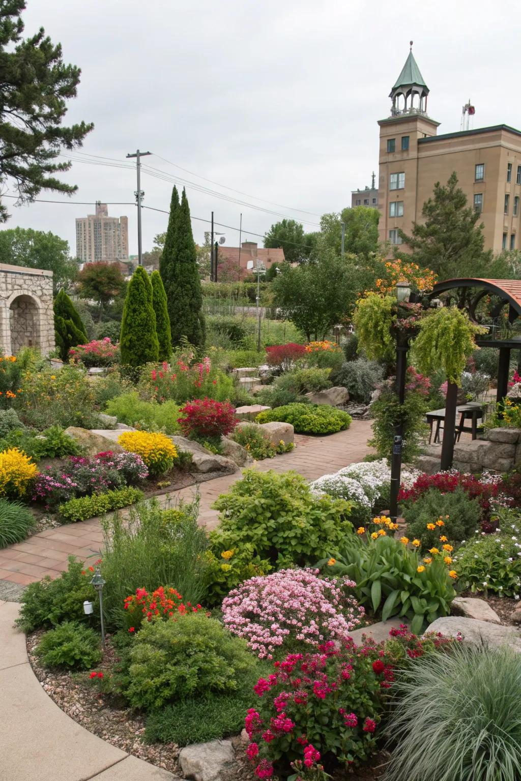 An eclectic themed garden in Milwaukee featuring a variety of plant styles.