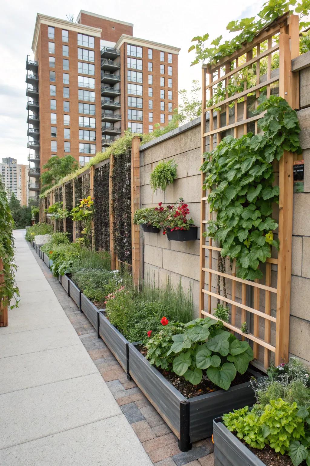 A Milwaukee garden utilizing vertical gardening with trellises and wall planters.