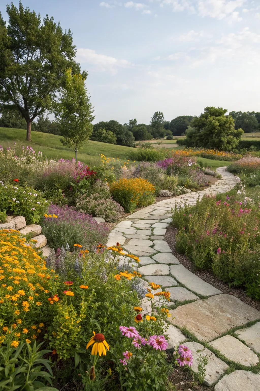 Stone pathways weaving through a Milwaukee garden filled with wildflowers.