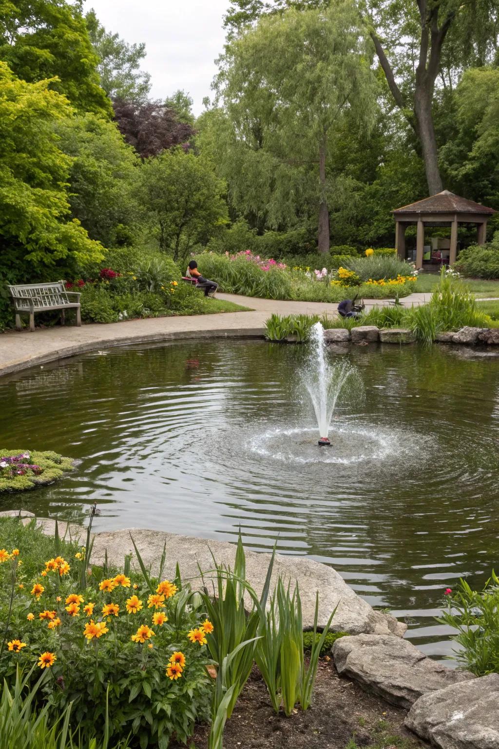A tranquil pond with a cascading water fountain in a Milwaukee garden.