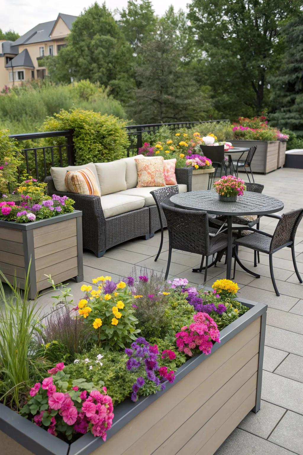 Create a cozy outdoor retreat by framing furniture with lush planter boxes.