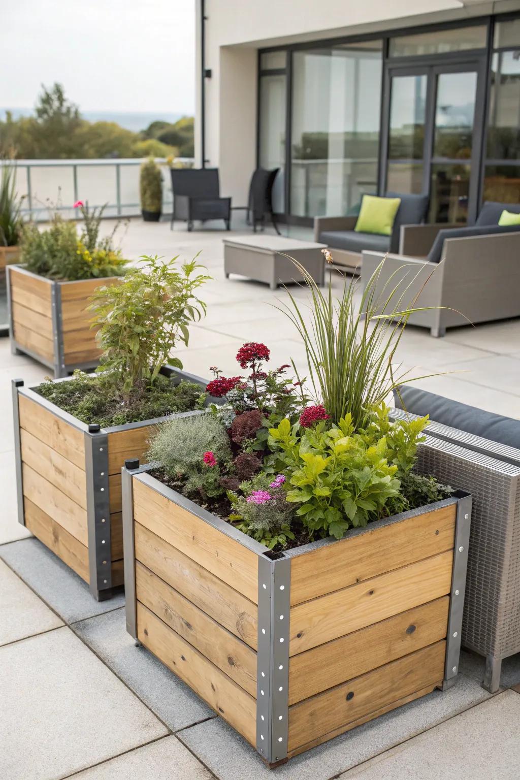 Create a striking look with mixed material planter boxes in your garden.