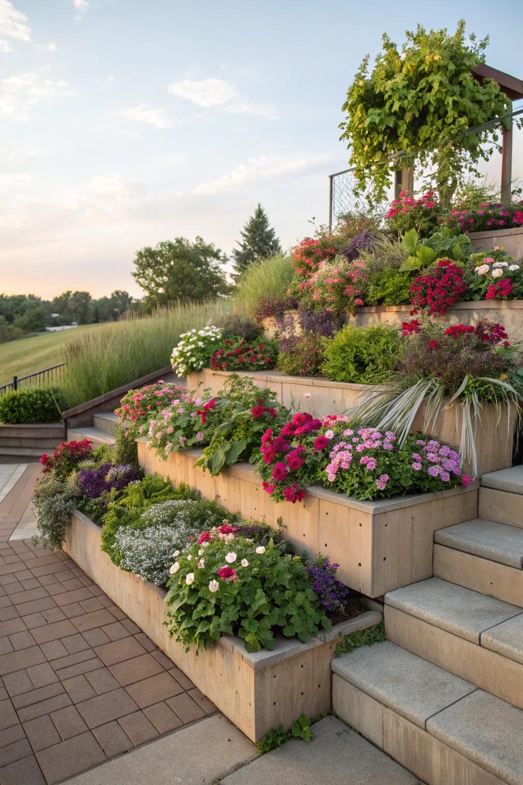 Terraced planter boxes offer a dynamic and layered look for your garden.