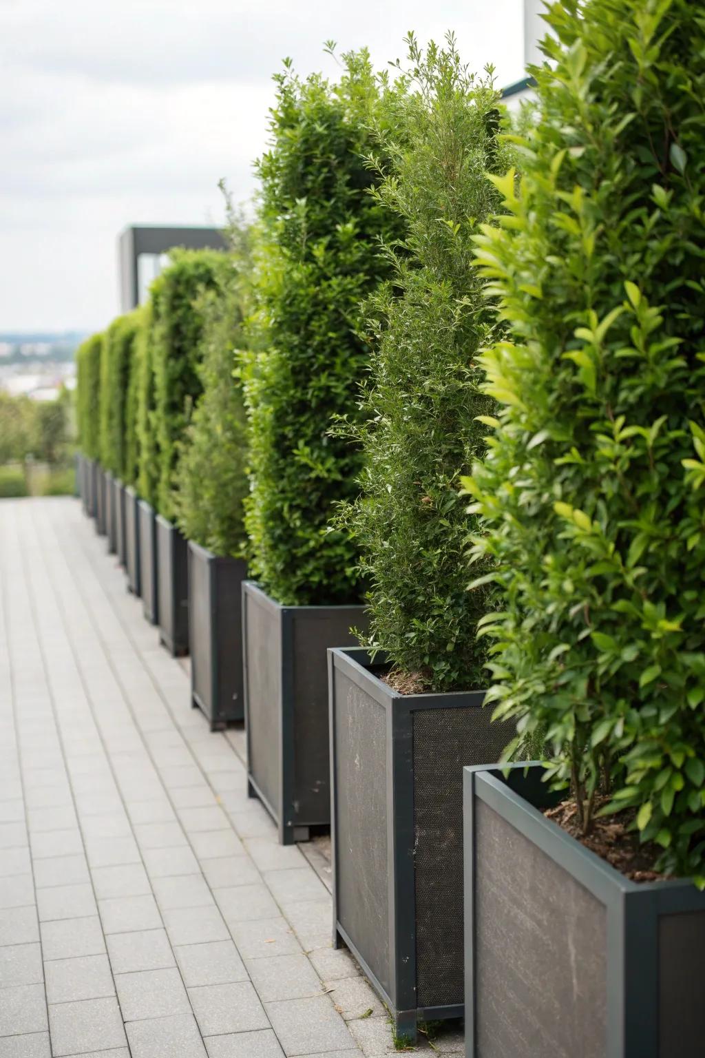 Achieve privacy and beauty with tall planter boxes filled with greenery.