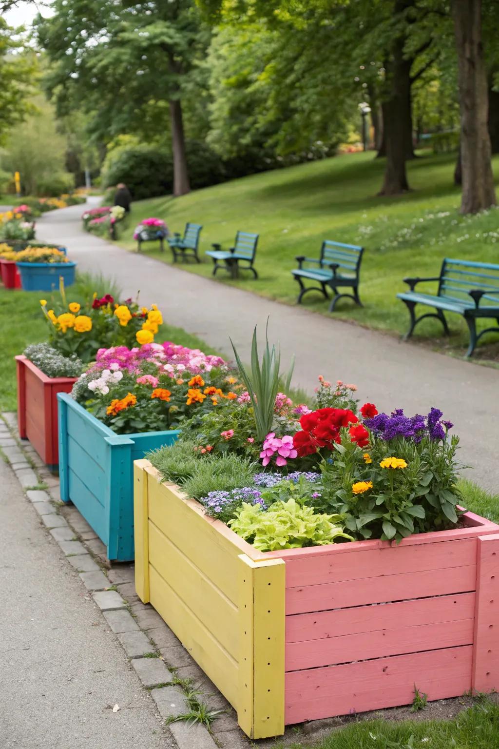 Brighten your garden with colorful planter boxes filled with vibrant flowers.