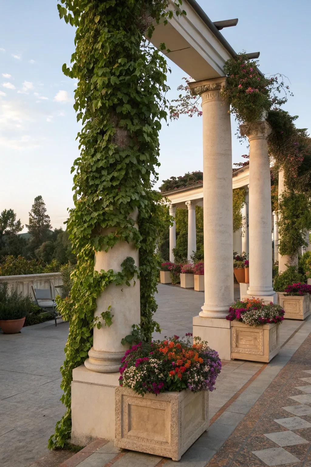 Enhance columns with planter boxes and climbing plants for a natural appeal.
