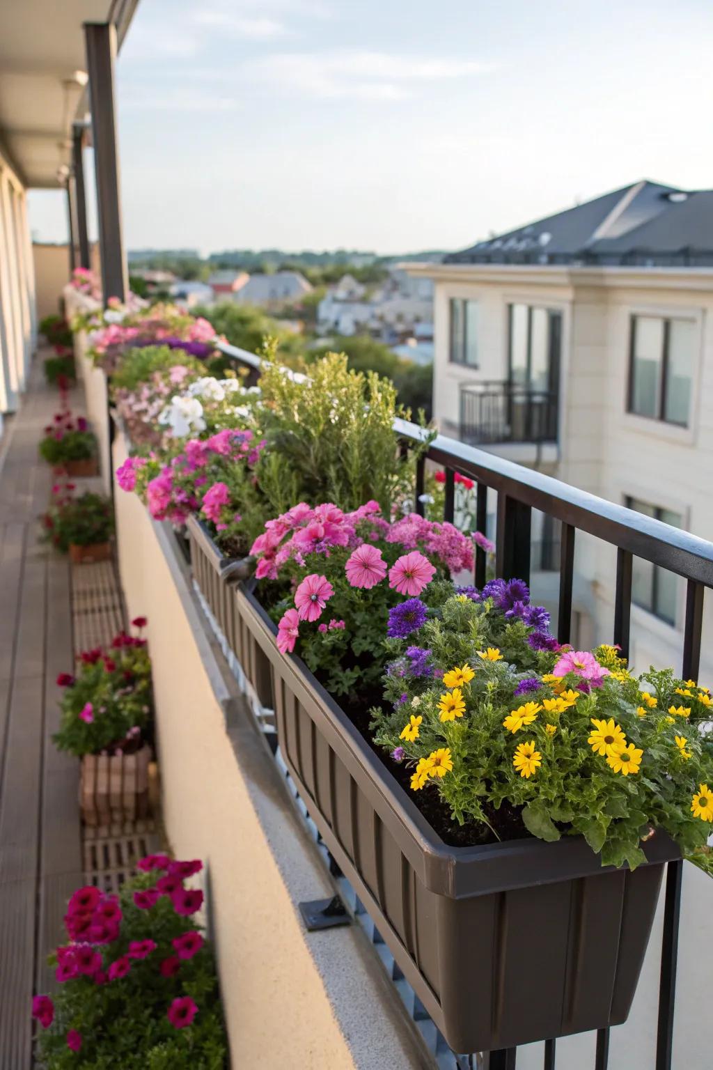 Add charm to balconies with railing-mounted planter boxes filled with blooms.