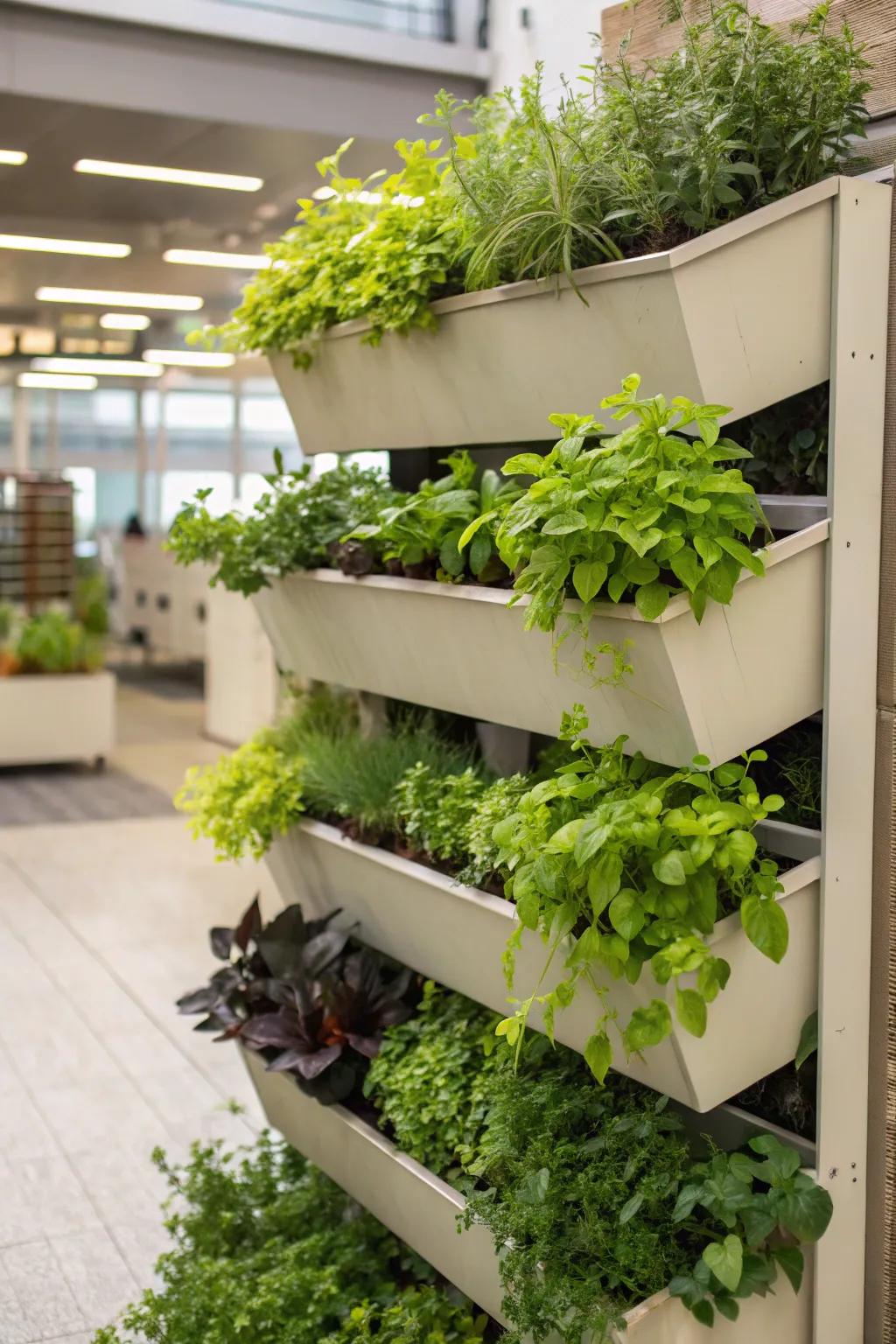 Maximize vertical space by stacking planter boxes for a lush garden wall.