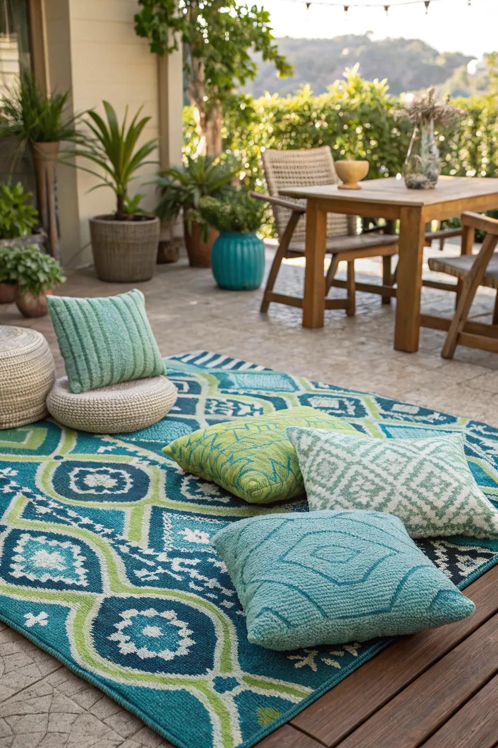 Outdoor rugs and textiles adding warmth and color.