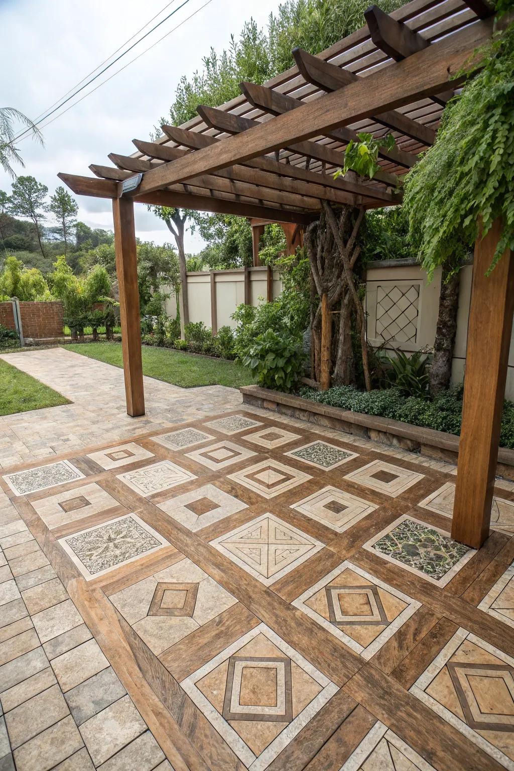 Unique flooring design with interlocking tiles.