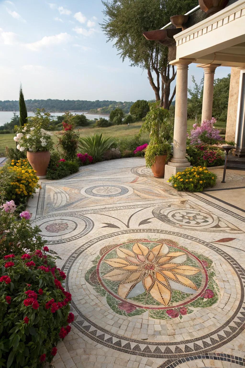 A stone mosaic patio adds artistic flair to your backyard.