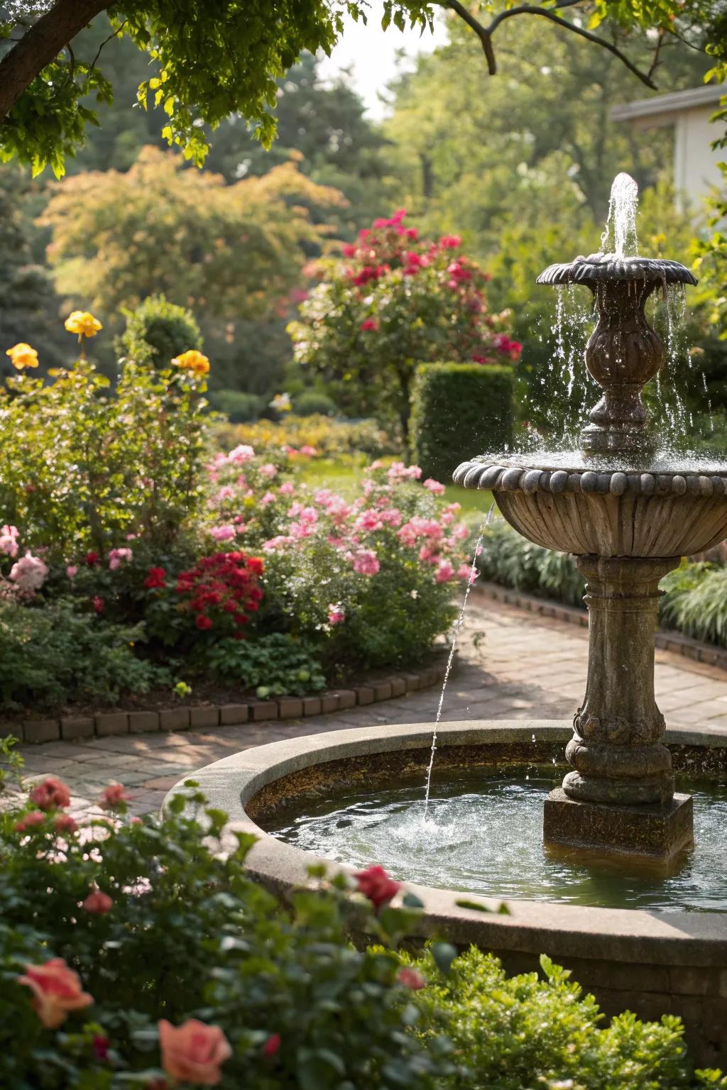 A tranquil garden fountain adds serenity and charm.