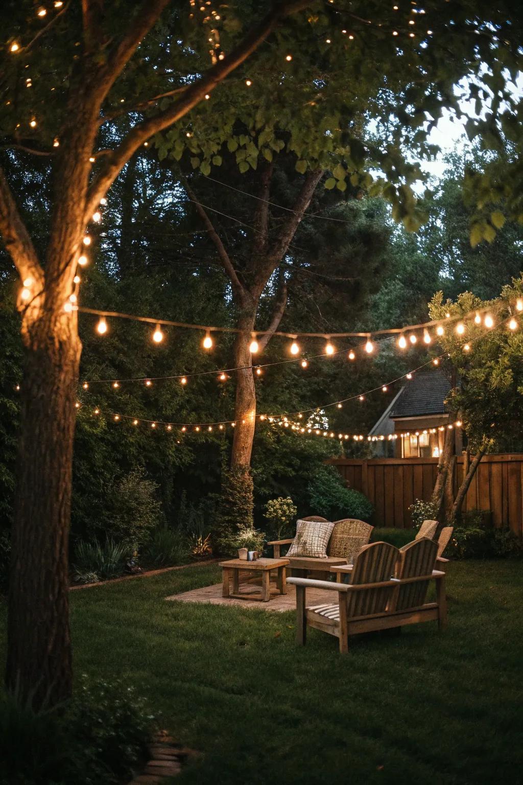 Transform your backyard with the enchanting glow of fairy lights.