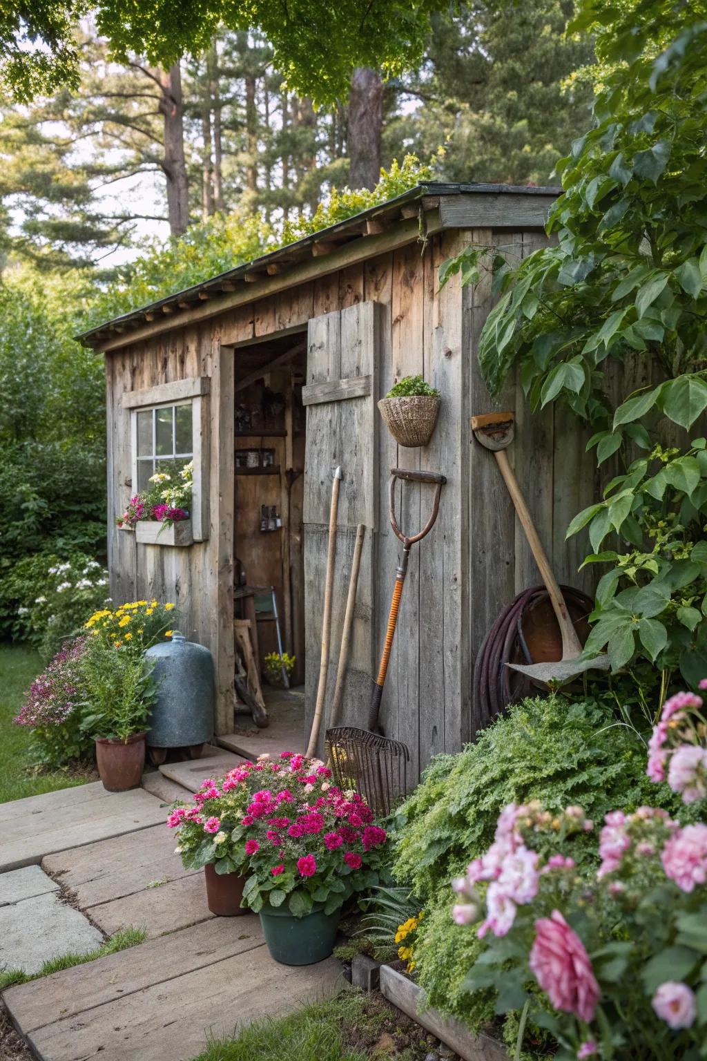 A garden shed provides storage and adds rustic charm.