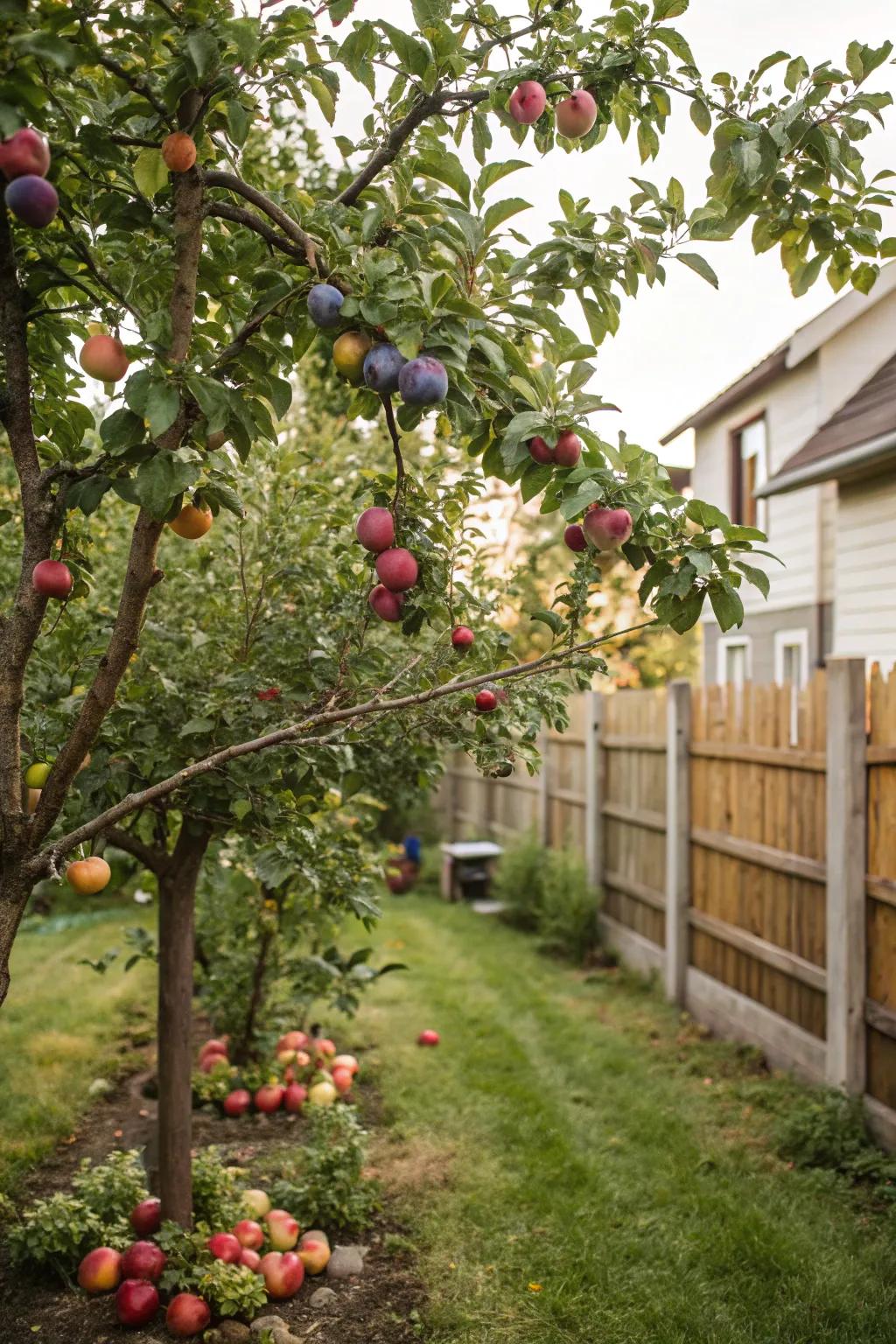 A mini orchard provides fresh fruit and lush greenery.