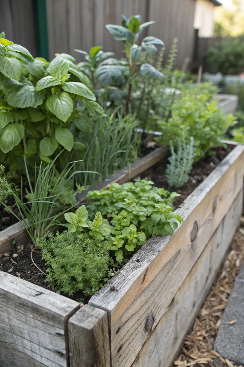 A raised herb garden provides convenient access to fresh flavors.