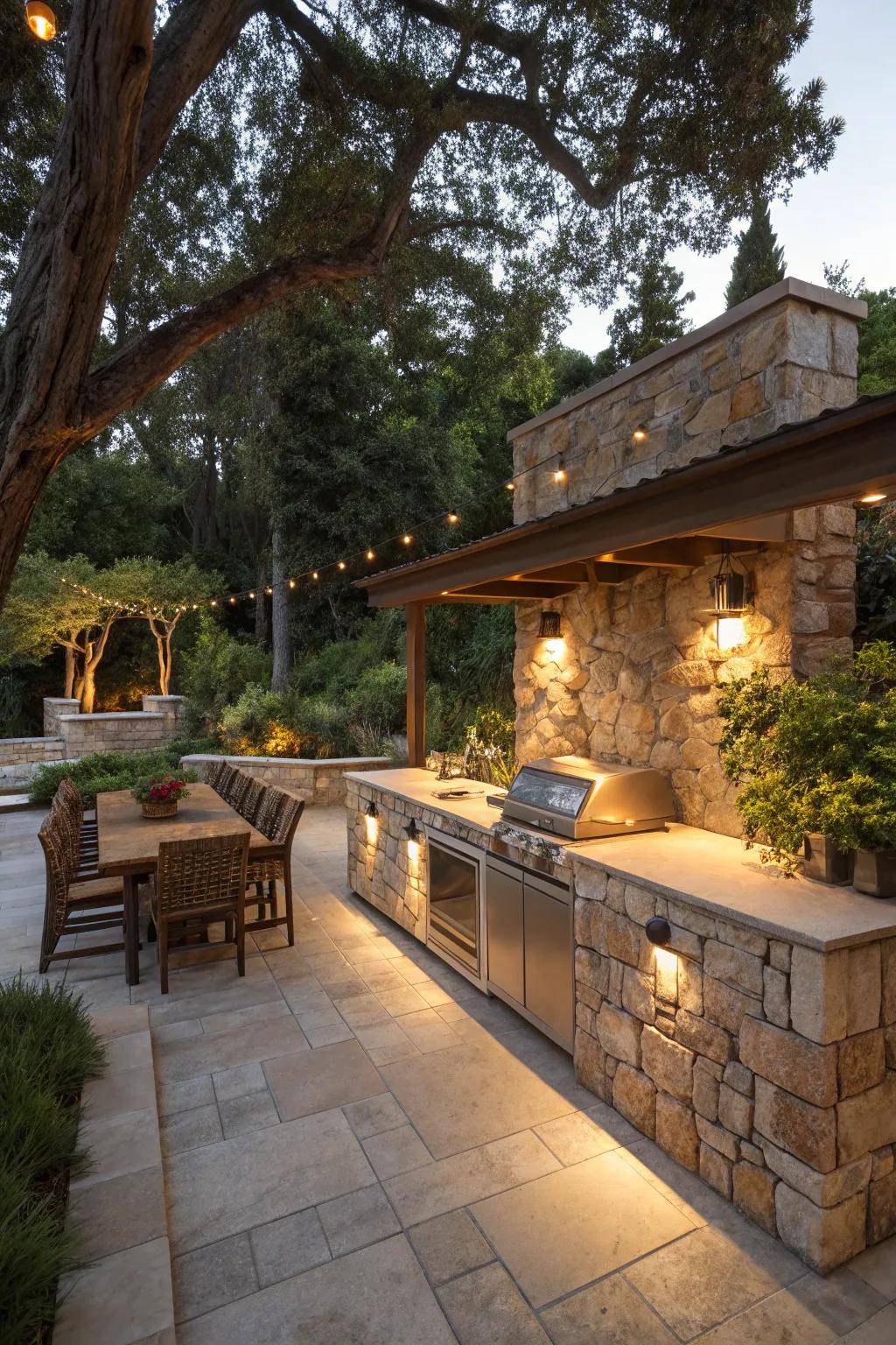 Enchanting ambient lighting integrated into stone features.