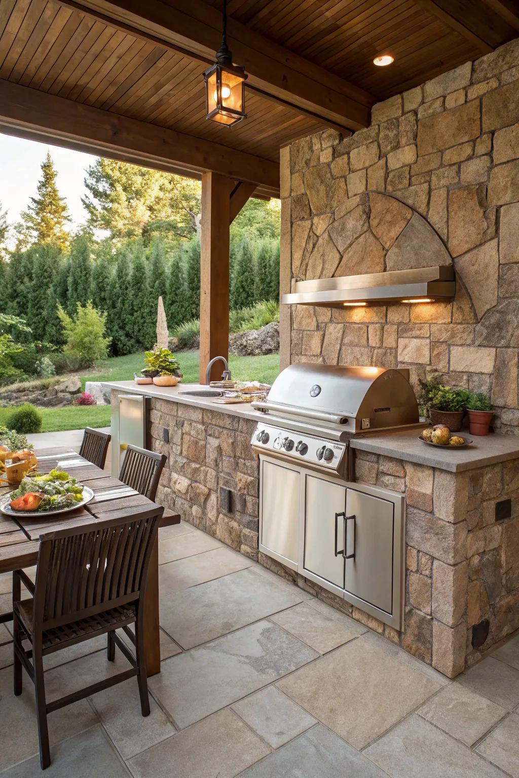 A beautifully patterned stone backsplash in an outdoor kitchen.