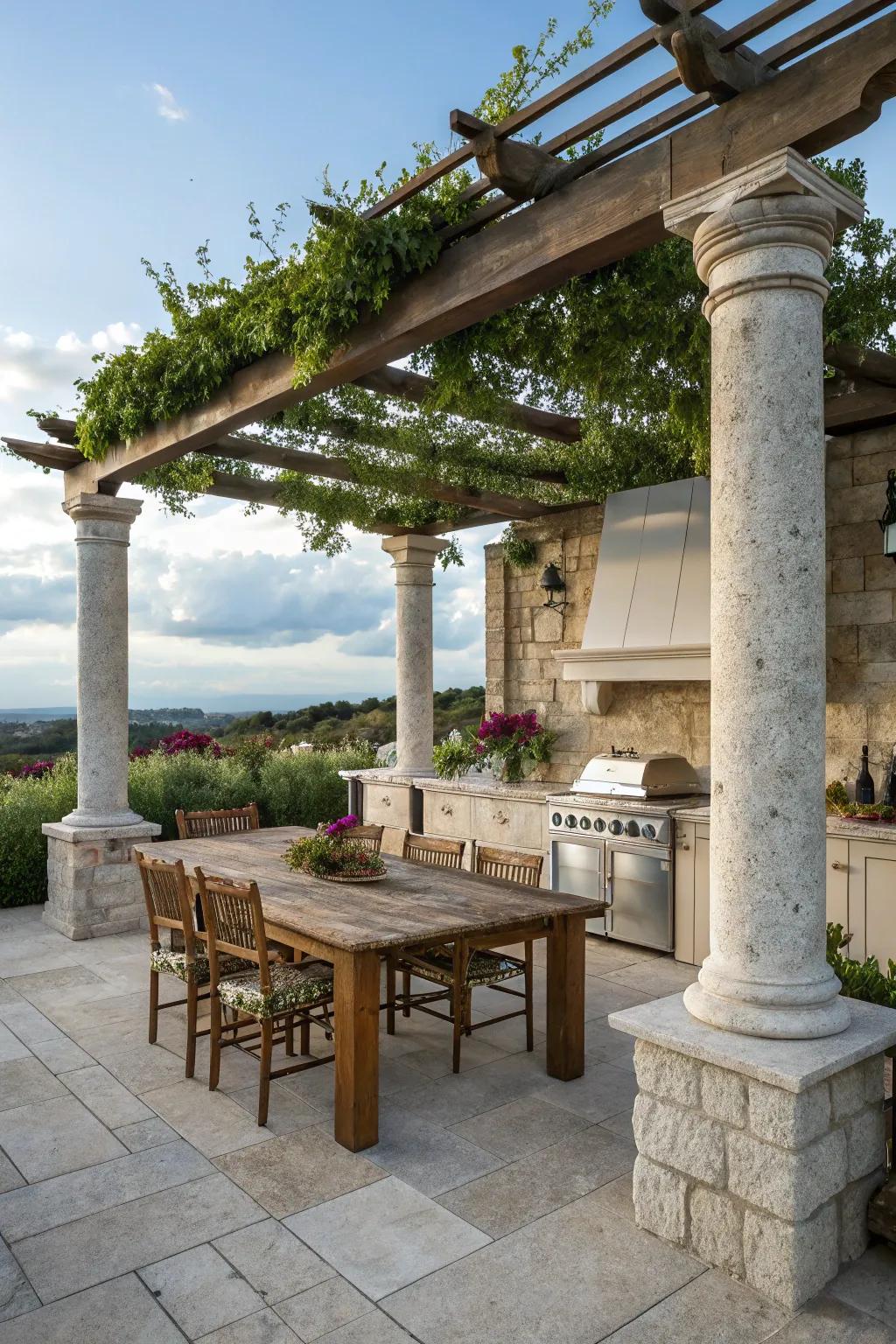 A pergola with stone columns offering shade and style.