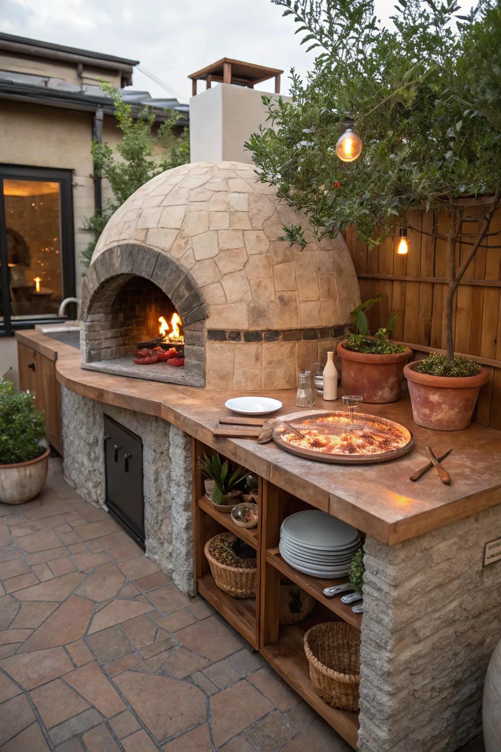 A charming circular stone pizza oven for delicious outdoor cooking.