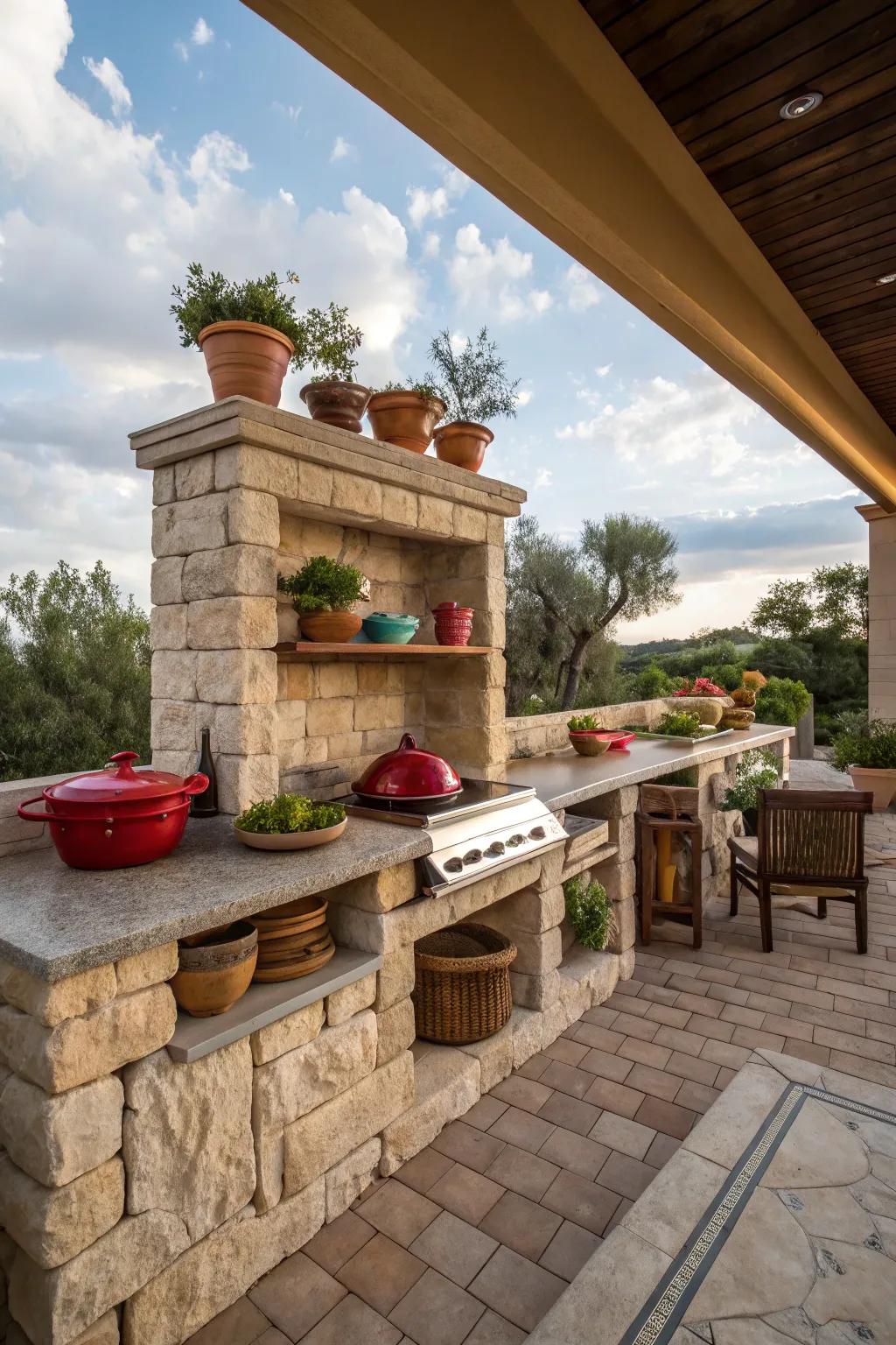 Rustic stone shelving adding practical style.