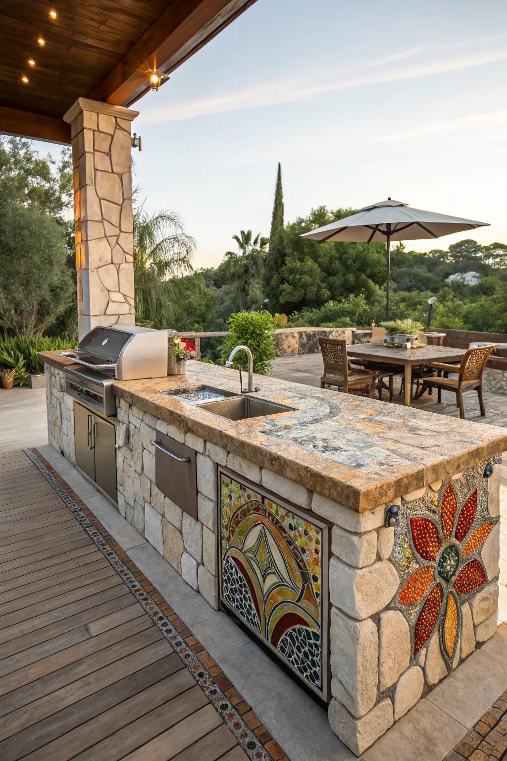 Intricate stone mosaic accents for a unique touch.