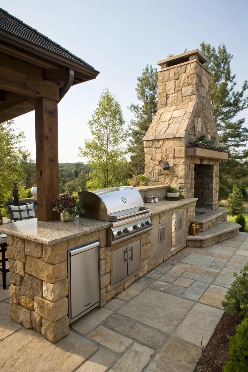 A built-in grill framed by stunning stonework.