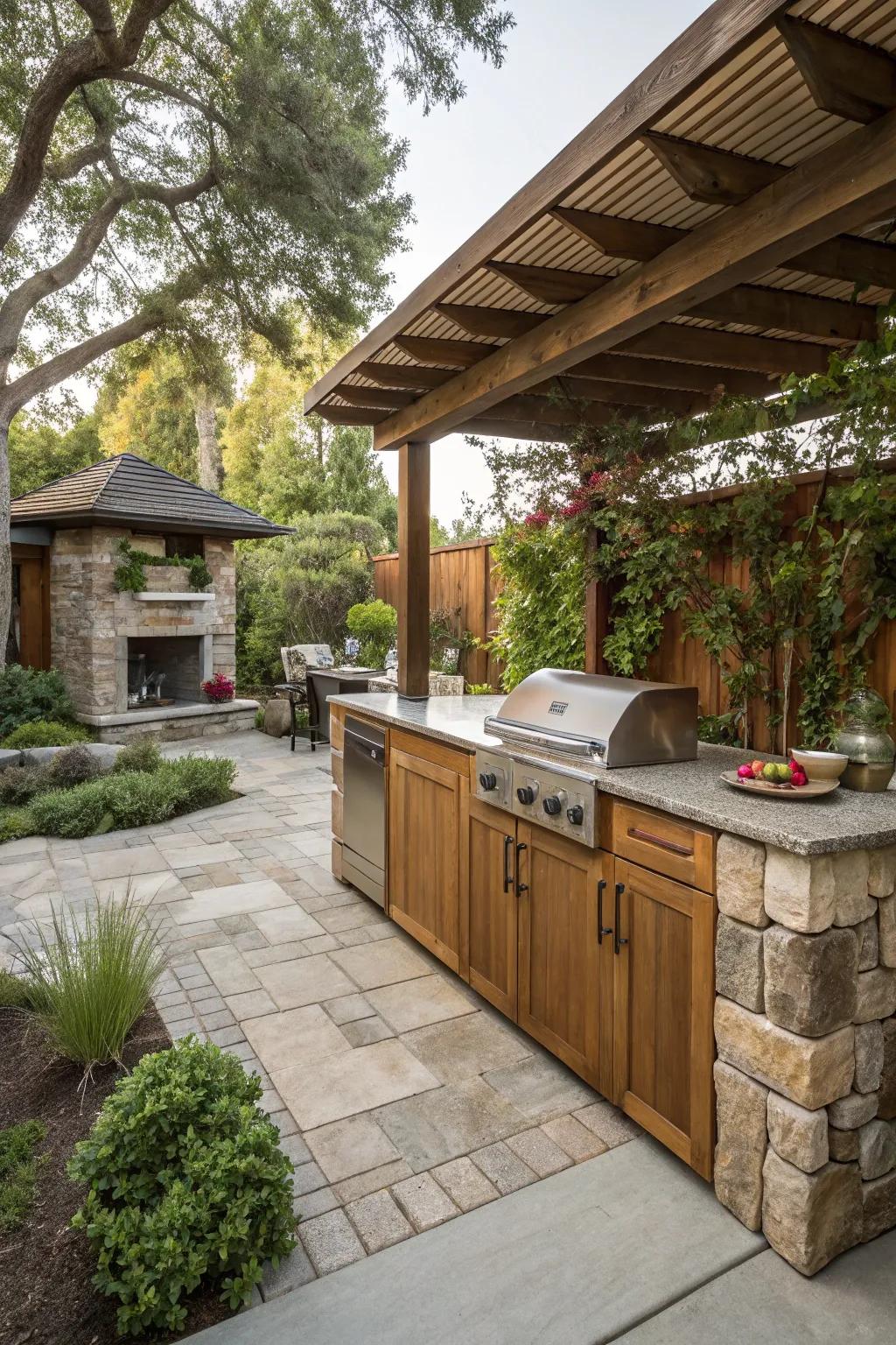 Warm and inviting stone and wood combination.