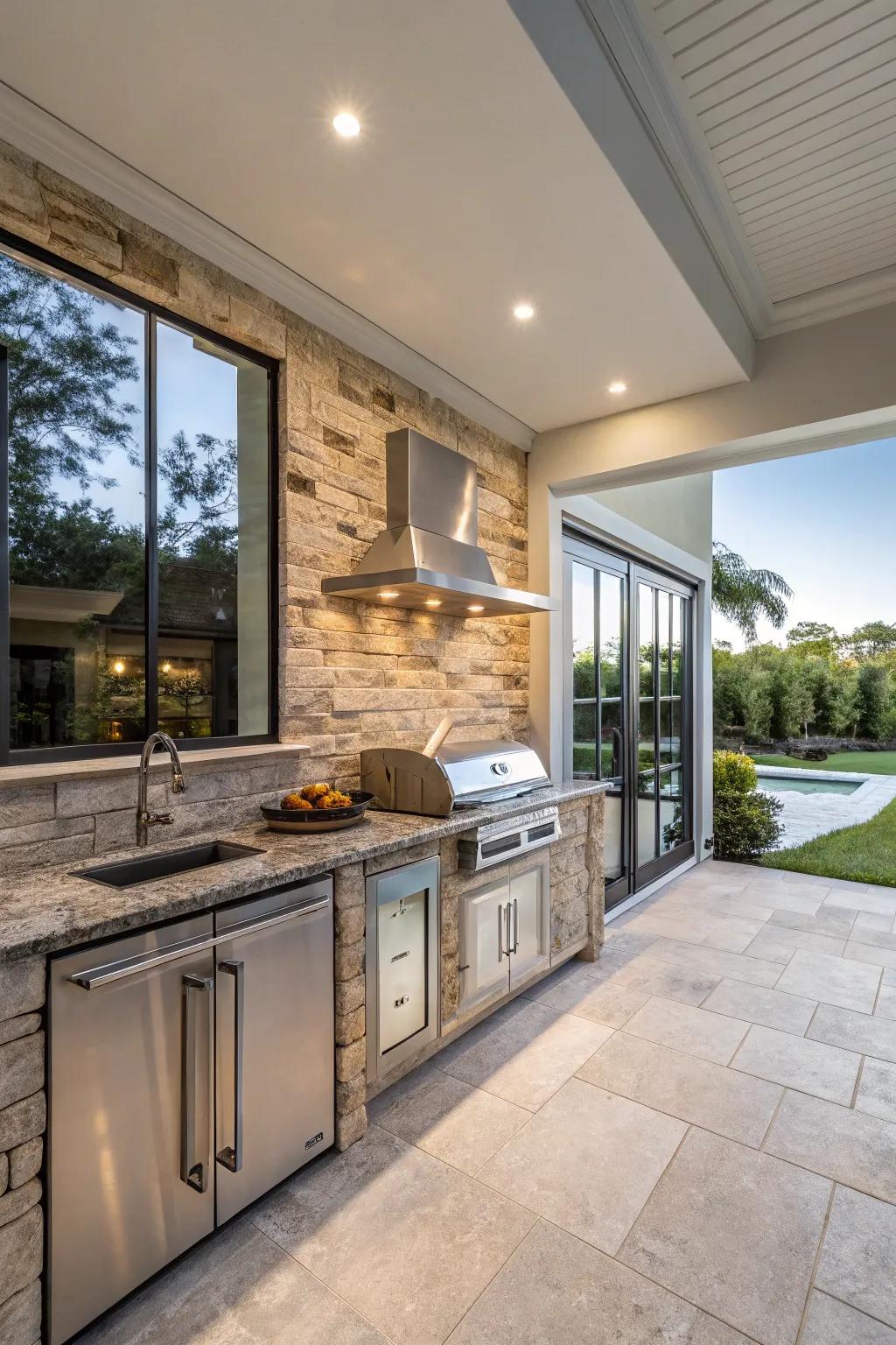 A modern outdoor kitchen with a mix of materials.