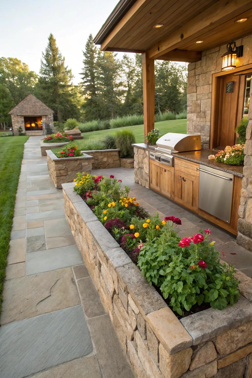 Stone-enclosed garden beds for a seamless landscape.