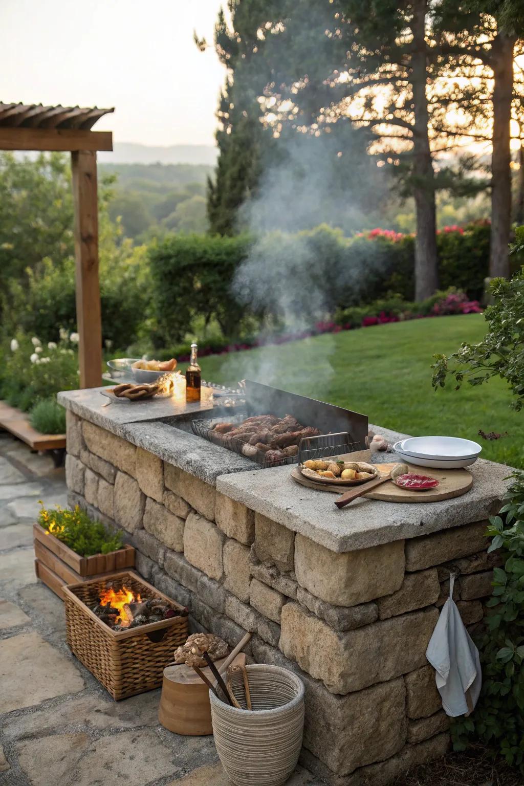 A classic stone barbecue pit for outdoor grilling.