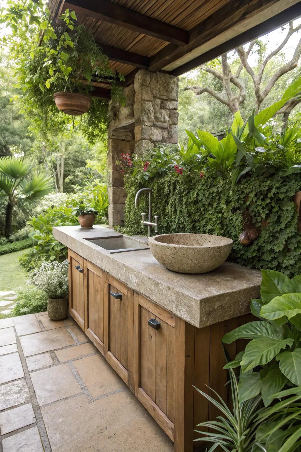 Stylish and functional stone sink in an outdoor kitchen.