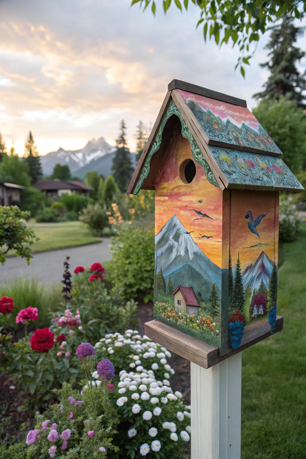 A hand-painted birdhouse showcasing artistic flair.