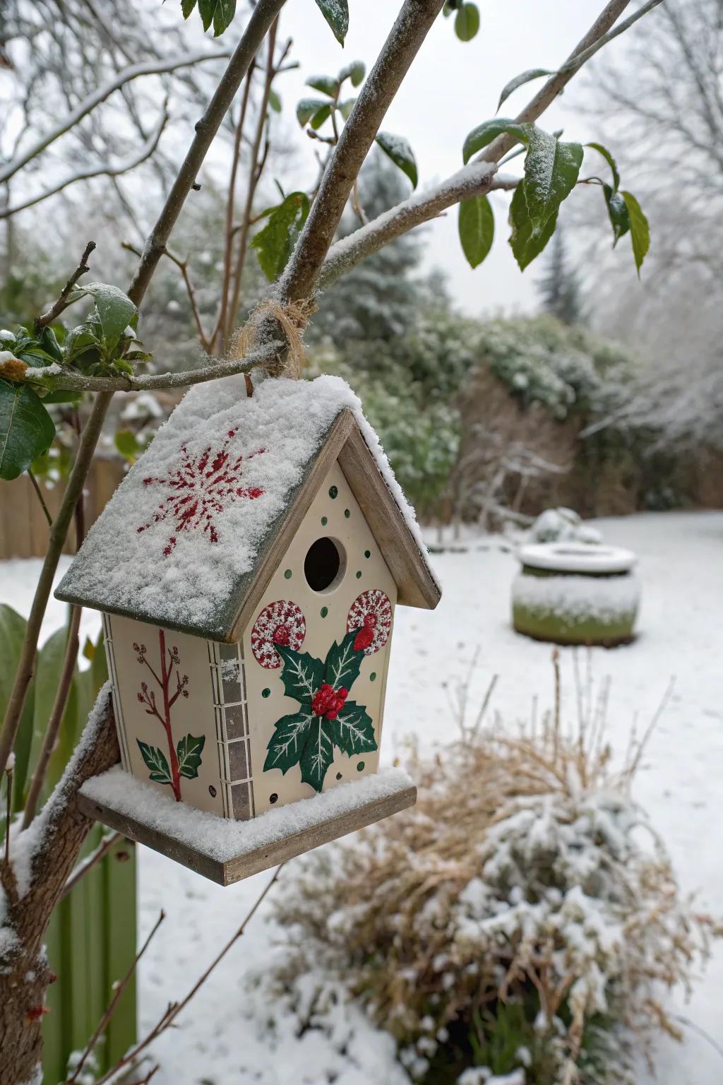 A winter-themed birdhouse bringing holiday cheer to the garden.