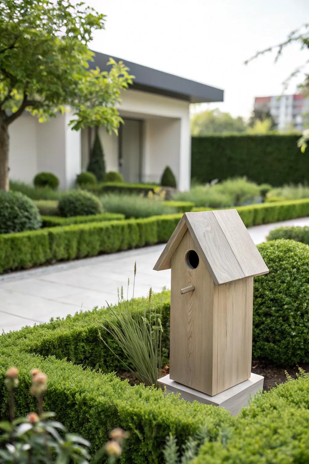 A modern minimalist birdhouse with sleek, monochrome design.