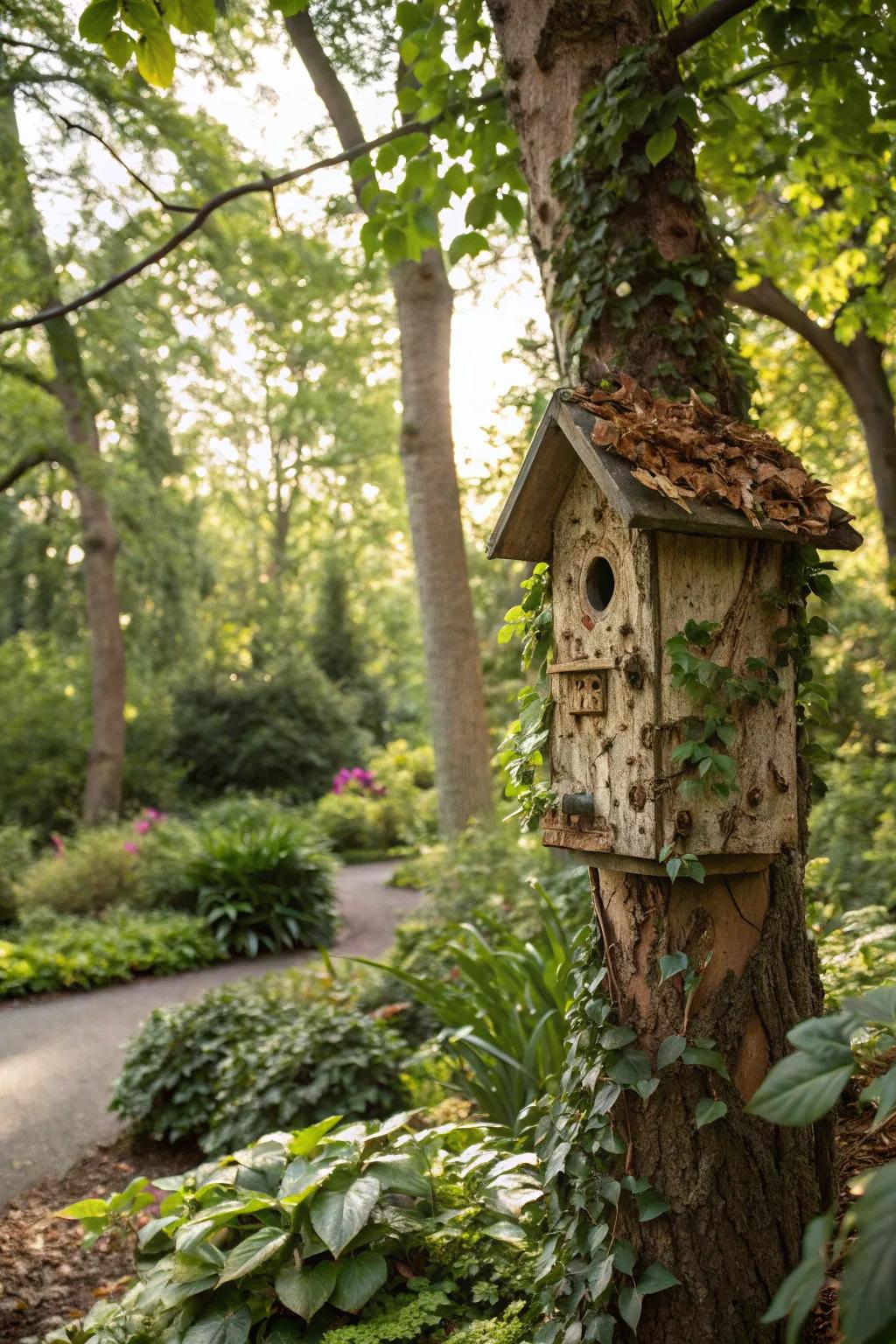 A birdhouse with nature-inspired decor blending into its surroundings.