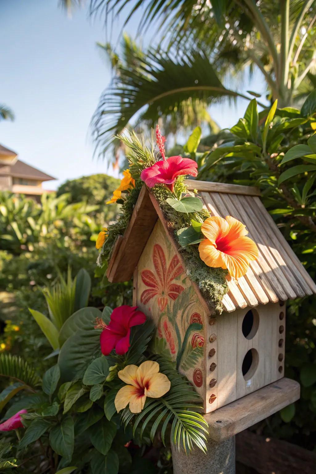 A tropical-themed birdhouse bringing a slice of paradise to the garden.