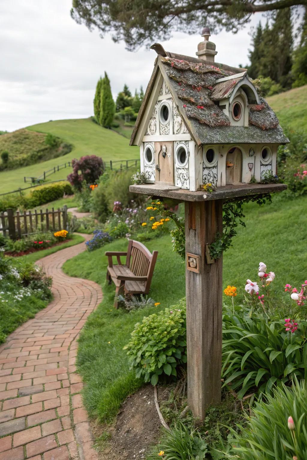 A birdhouse with miniature details creating a dollhouse effect.