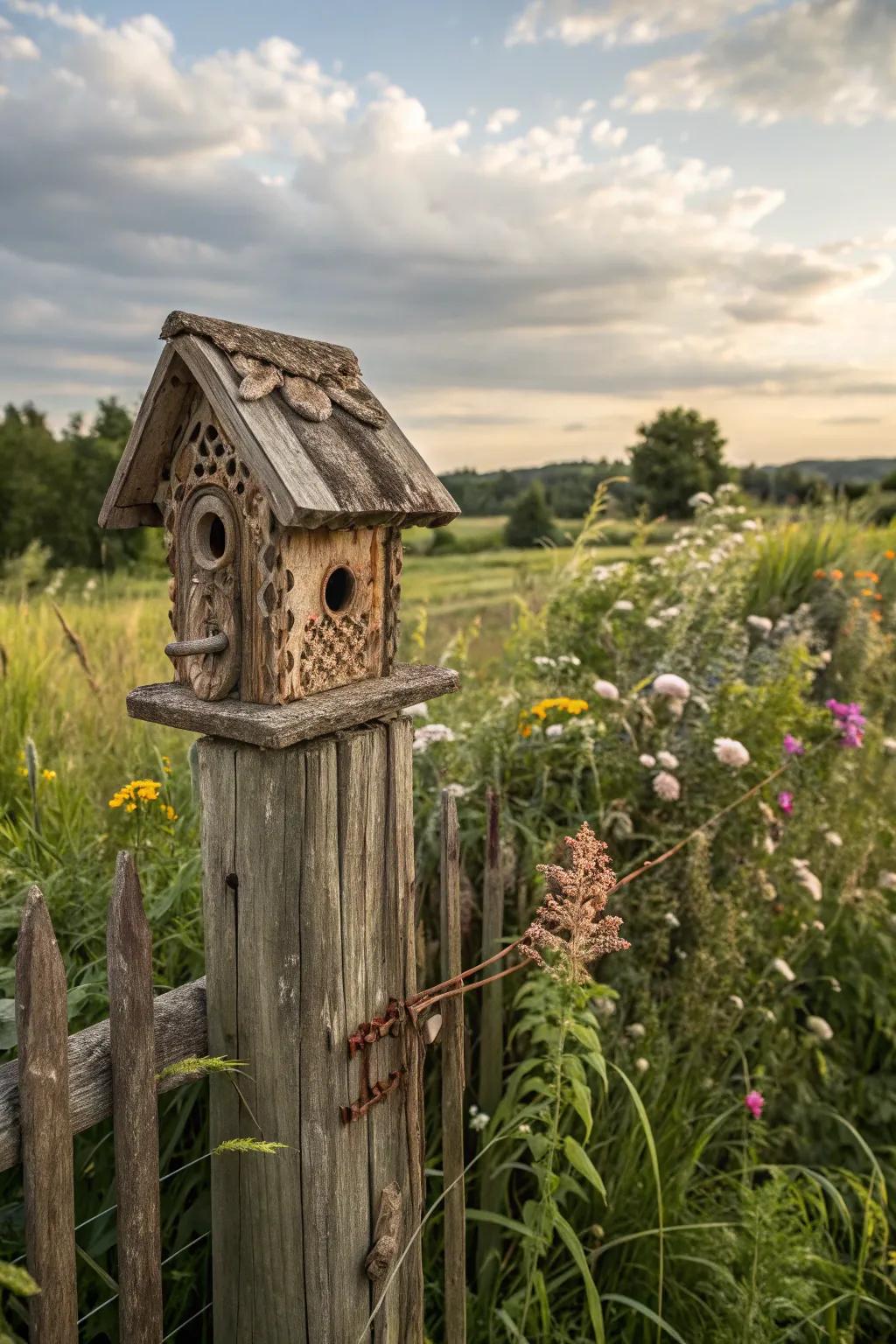 A DIY birdhouse made from reclaimed materials for a personal touch.