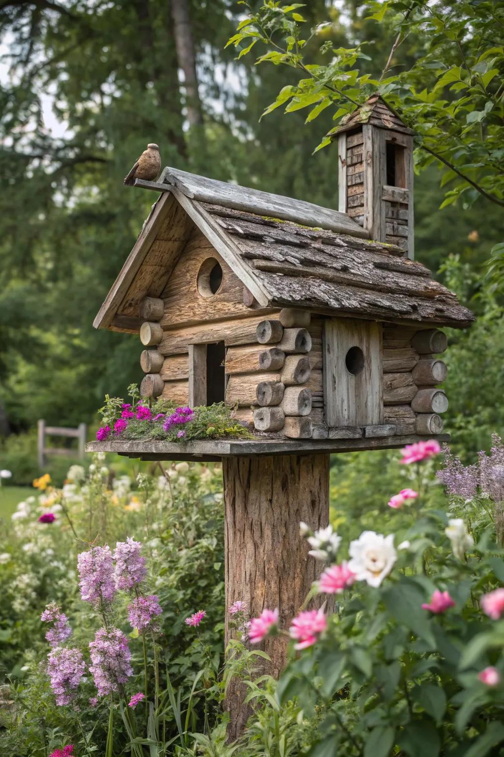A rustic birdhouse that exudes vintage charm.