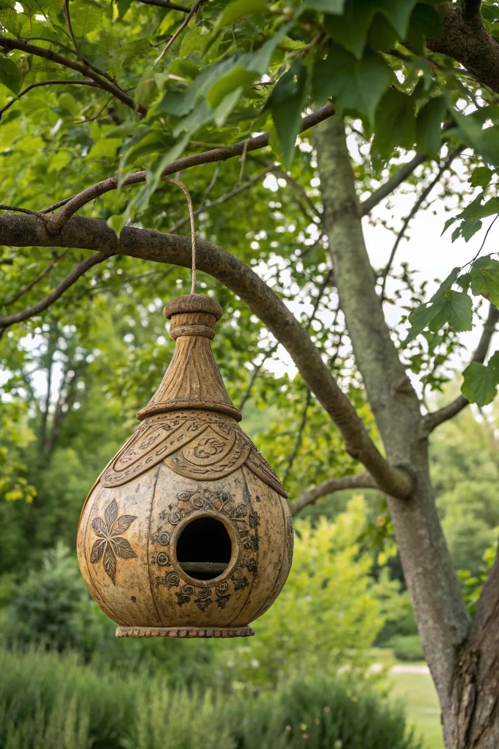 A gourd birdhouse offering a natural and eco-friendly home for birds.