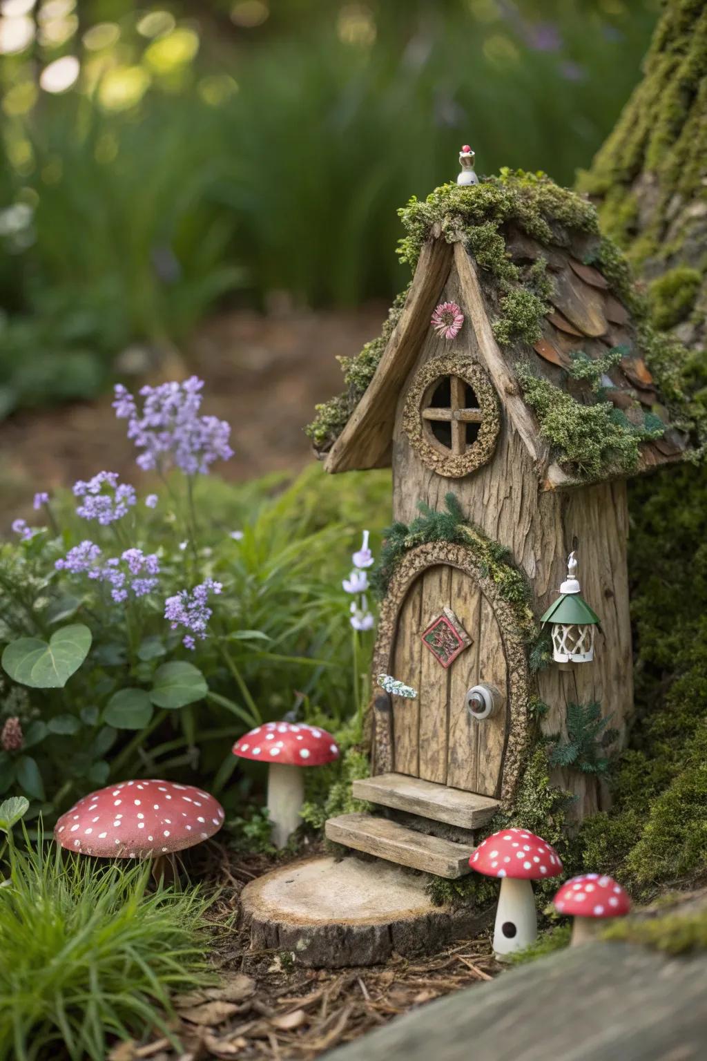A whimsical birdhouse adding a touch of magic to the garden.