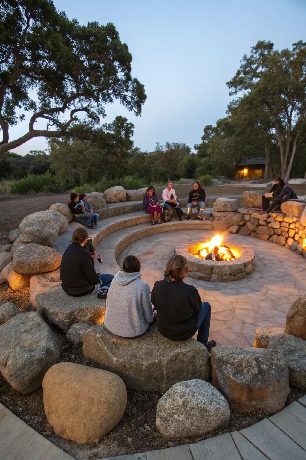 Circular boulder seating invites communal gatherings.