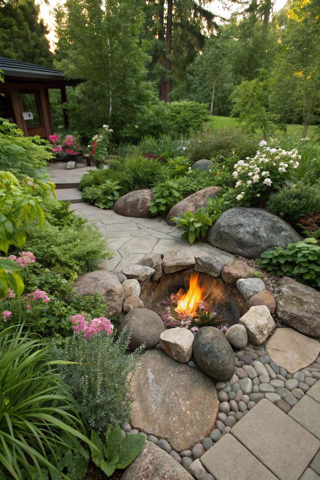 A sunken fire pit creates a private oasis.