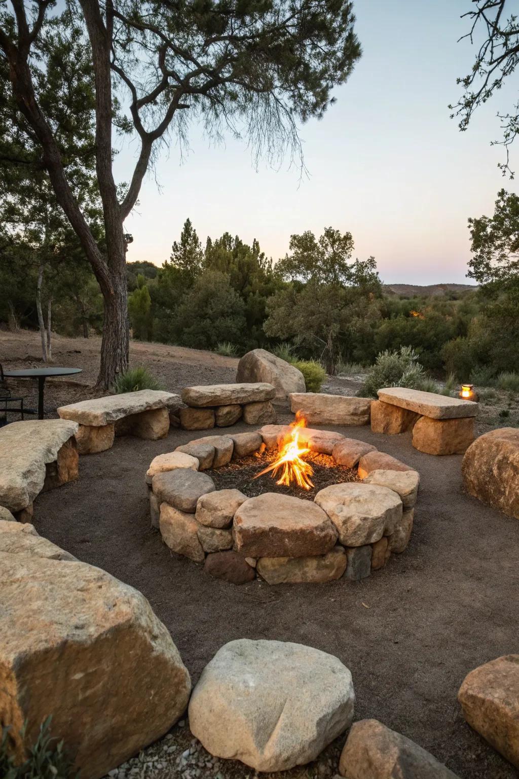 Boulder benches offer natural seating around the fire.