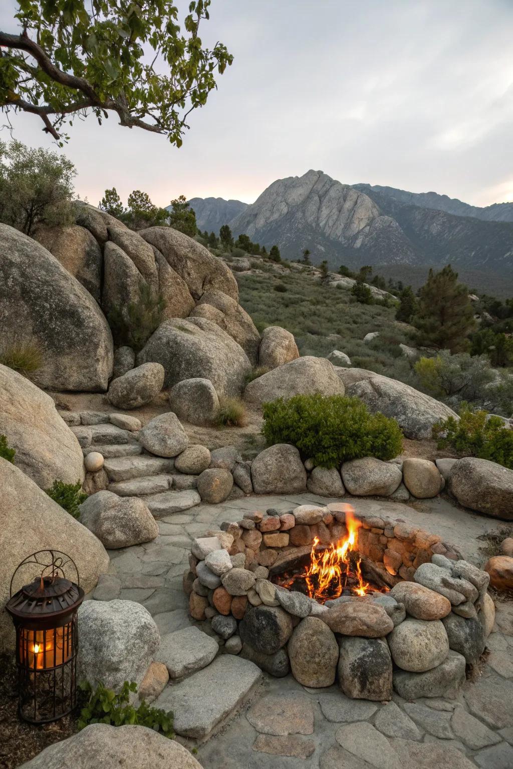 Create a rugged mountain retreat with natural boulders.