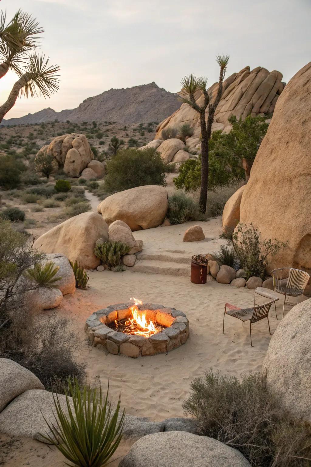 Desert oasis fire pit with warm, earthy tones.