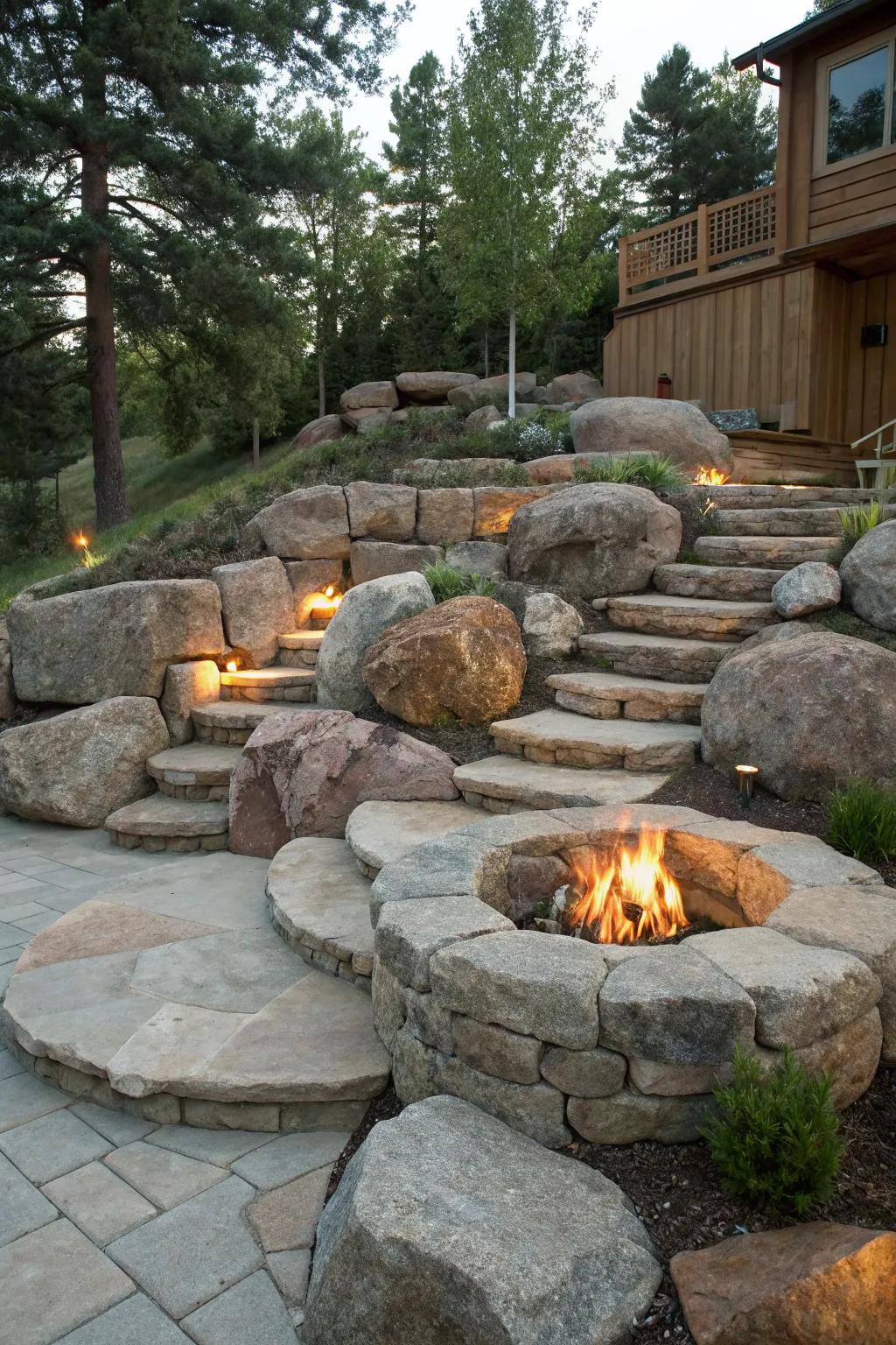 Multi-level boulders add depth and seating options.